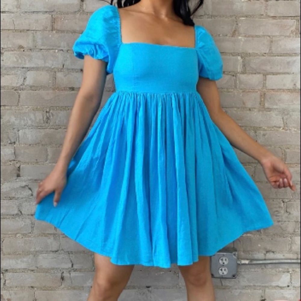 🆕 AQUA BLUE PUFF SLEEVE BABYDOLL MINI DRESS